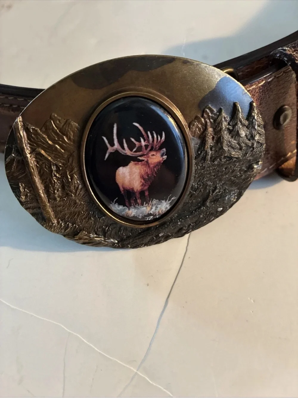 Vtg Tooled Leather Belt Julie Zsupnik Porcelain Moose Belt Buckle 43” W 1.5 Wide